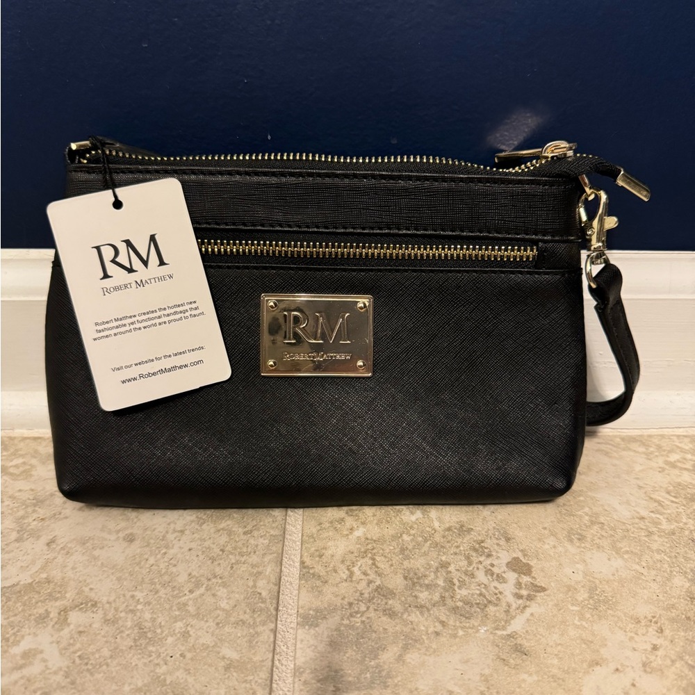 Robert Matthew Sofia Wristlet Clutch Black Saffiano Leather 24K Gold Plated